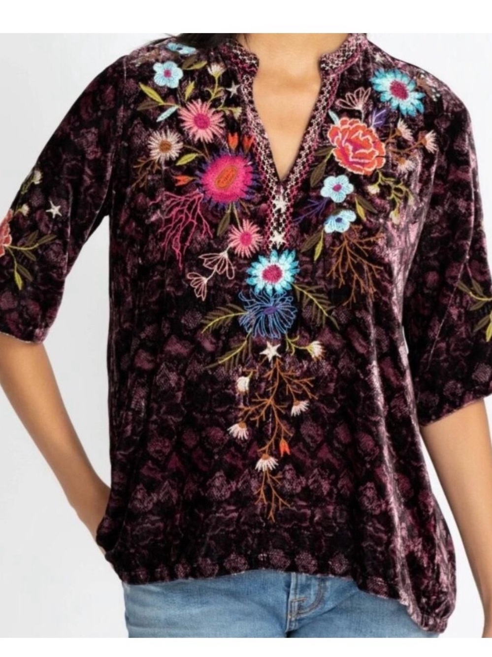 Johnny was velvet Purple Floral Embroidered Women's Top